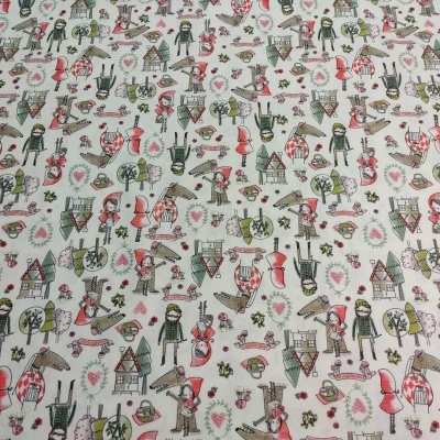 Tecido branco com padrão de desenhos ilustrativos em vermelho, verde e castanho