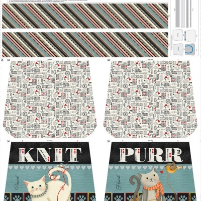 Padrões têxteis para bolsa reversível com ilustrações de gatos, textos e faixas coloridas.