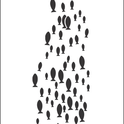 Stencil branco com peixinhos pretos de vários tamanhos e número 318 no canto inferior direito.