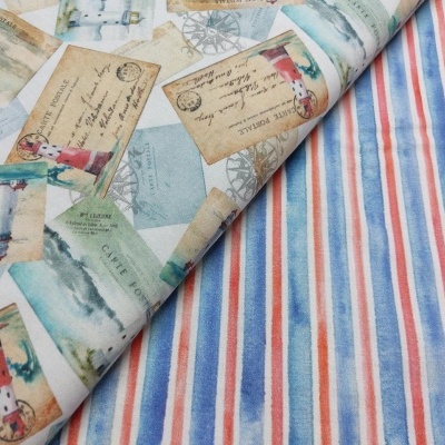 Tecidos com padrões náuticos e riscas em azul, vermelho e branco.