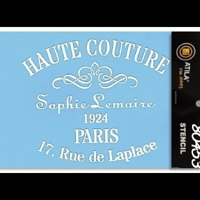 Estêncil com texto em francês branco sobre fundo azul claro e embalagem preta à direita