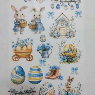 Ilustrações de Páscoa com coelhos, ovos azuis e flores em tecido