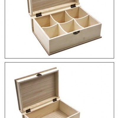 Caixa de madeira com tampa aberta e divisórias internas removíveis