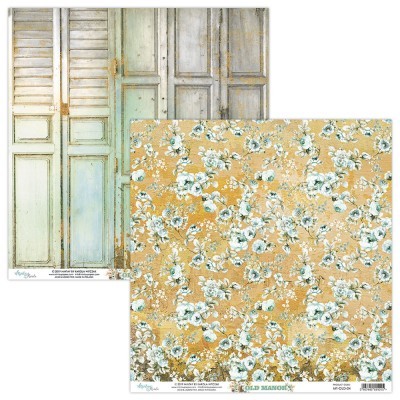 Papel scrapbooking dupla-face com padrão floral e imagem de portas antigas