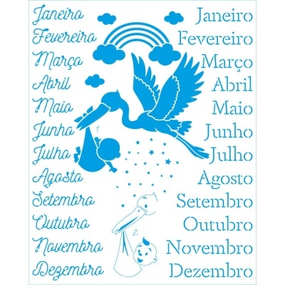 Meses do ano em português com ilustrações de cegonha e arco-íris em azul