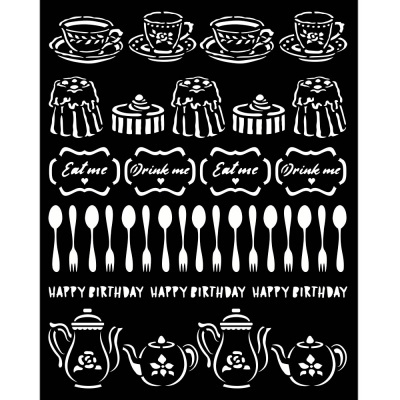 Desenhos em branco com chávenas, bolos, etiquetas, talheres, texto de parabéns e bules