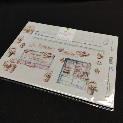 Folha para decoupage com ilustrações florais e porta de loja, pacote plástico