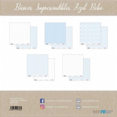 Papéis decorativos azul bebé e branco com vários padrões para scrapbooking
