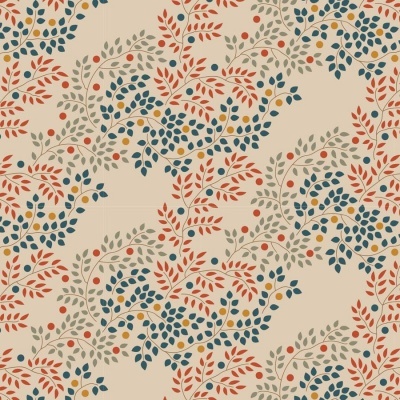 Papel de parede com padrão de ramos coloridos sobre fundo bege