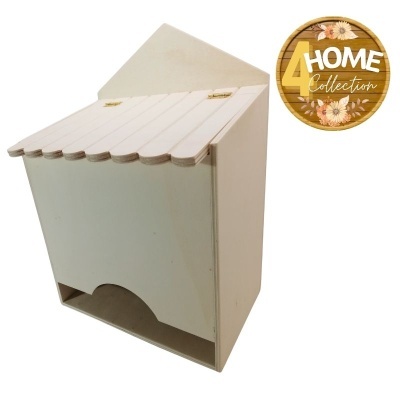 Caixa de madeira branca com tampo articulado e recorte semicircular na base com logótipo HOME Collection 4u