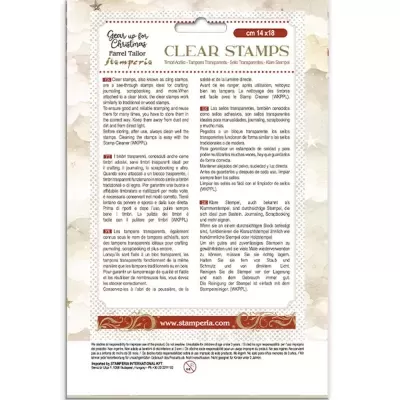 Pacote de carimbos transparentes CLEAR STAMPS da Stamperia com textos explicativos