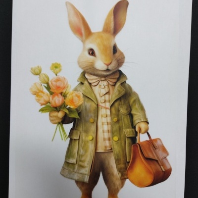 Ilustração de coelho vestido com casaco verde e segurando flores e saco