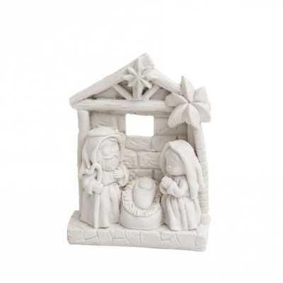 Presépio decorativo branco com figuras religiosas e cabana de cerâmica