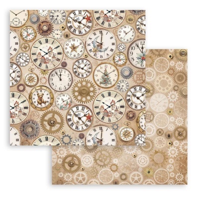 Papel de embrulho com padrões de relógios e engrenagens em tons castanhos e bejes.