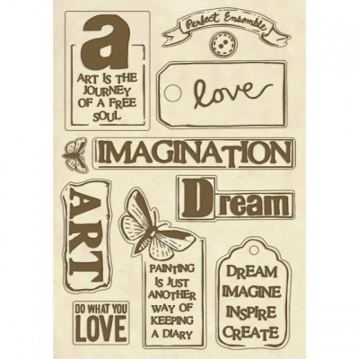 Carimbos decorativos com frases inspiradoras em inglês e desenhos de pássaro e borboletas