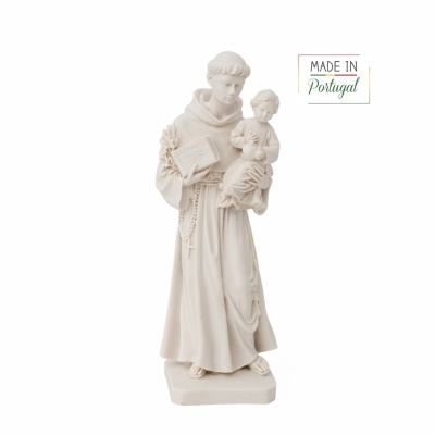 Estátua religiosa creme de São António com Menino Jesus e etiqueta 'MADE IN Portugal'