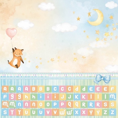 Painel infantil com raposa, balão, lua, estrelas e alfabeto colorido