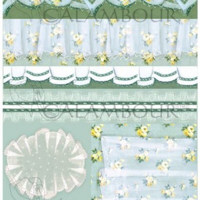Detalhes de tecidos azuis com flores amarelas e rendas brancas e verdes