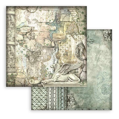Papel decorativo vintage com padrões arquitetónicos e texturas antigas em verde e bege