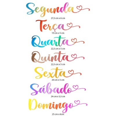 Dias da semana em português com tipografia colorida e dimensões