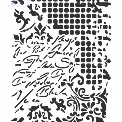 Stencil branco com padrões florais, arabescos, quadrados e escrita cursiva em preto, número 150