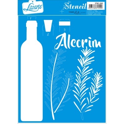 Stencil azul com desenhos brancos de garrafa e alecrim, texto 'Alecrim' e etiqueta Litoarte