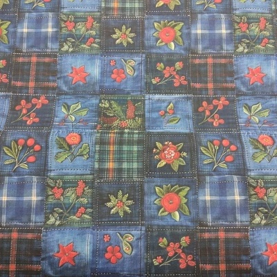 Tecido estampado com padrão floral e xadrez colorido