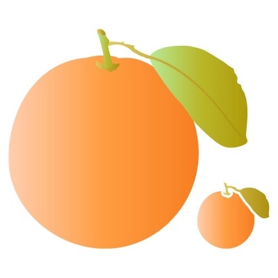 Duas laranjas digitais, uma grande e uma pequena, com uma folha verde em fundo branco.