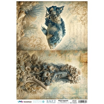 Imagem artística com peixe azul e figura feminina decorada com conchas e corais em fundo com mapas e padrões florais