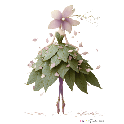 Figurina bailarina com vestido de folhas verdes e flor rosa de cabeça