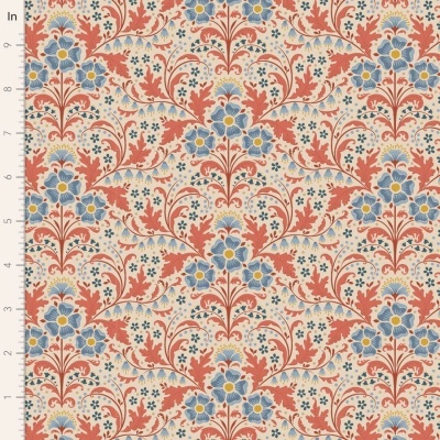 Tecido com padrão floral azul e vermelho com régua de medição ao lado