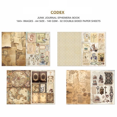 Livro Codex Junk Journal com folhas decorativas vintage, mapas, chaves, etiquetas e plantas em tons bege e castanho.