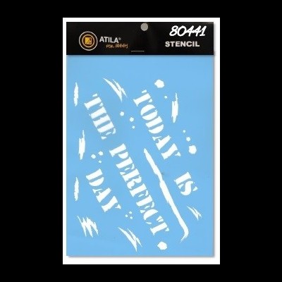 Stencil azul claro com texto em branco 'Today is the perfect day' e embalagem preta e amarela