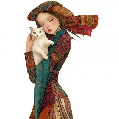 Mulher com roupas tradicionais coloridas segurando um gato branco