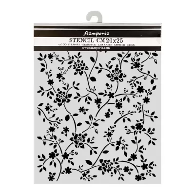 Stencil decorativo Stamperia 20x25 cm com padrão de flores e folhas pretas