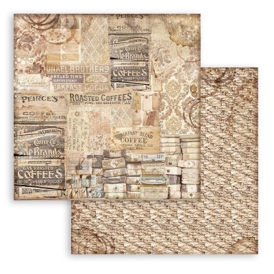 Papel de parede vintage com anúncios antigos de café e padrão de tecelagem castanho