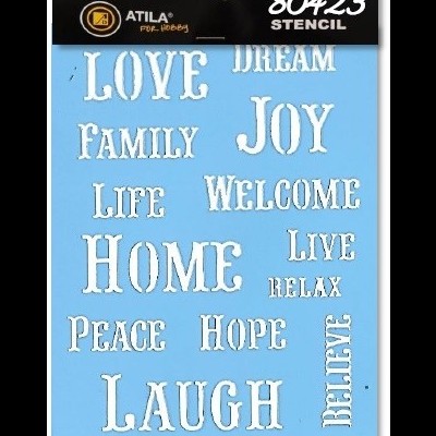 Stencil de letras com palavras em inglês em plástico azul e embalagem preta e amarela.