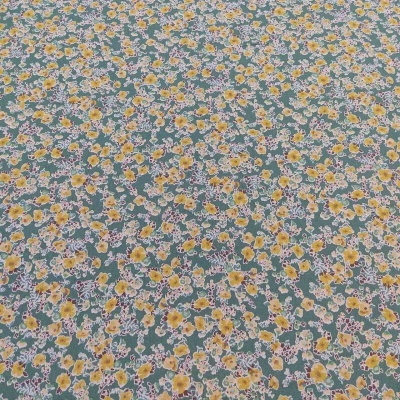 Tecido verde com padrão floral amarelo e rosa