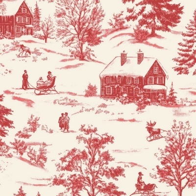 Papel de parede padrão vintage vermelho e bege com cenas de inverno e trenós