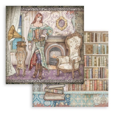 Papel decorativo com imagem de mulher steampunk junto a poltrona e gramofone e outra face com estante de livros antigos.
