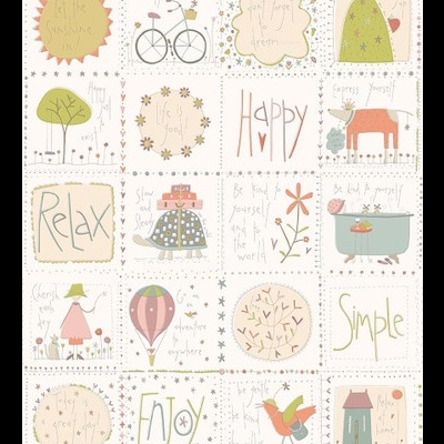 Painel ilustrado com desenhos e palavras motivacionais em tons pastel