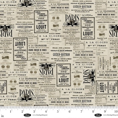 Padrão têxtil vintage com anúncios em francês sobre chocolate e moda, fundo bege e letras pretas