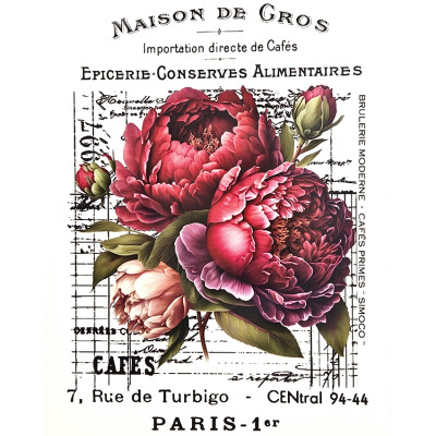 Ilustração de flores vermelhas com texto em francês numa composição vintage