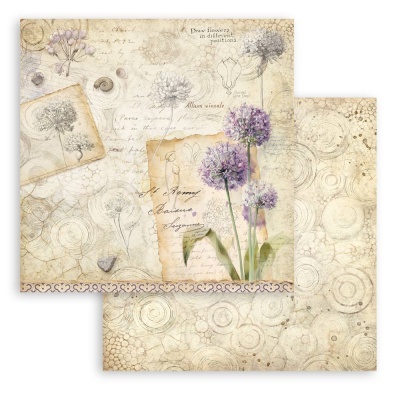 Papel decorativo com flor Allium lilás, texto manuscrito e padrões circulares em fundo bege