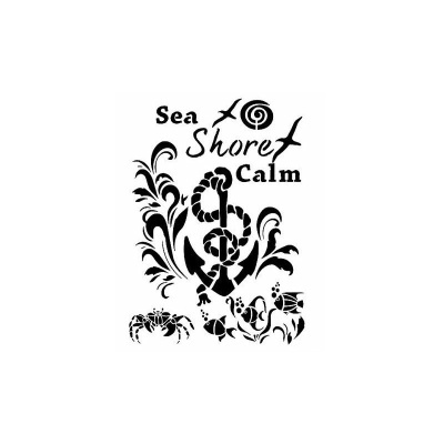 Desenho preto de tema marinho com texto 'Sea Shore Calm' em fundo branco