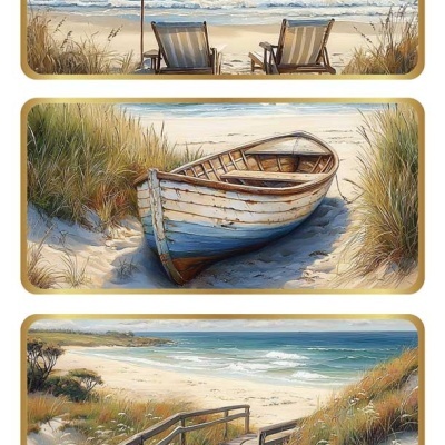 Três painéis com ilustrações de paisagem de praia incluindo praia com espreguiçadeiras e guarda-sol, barco de madeira na areia e passadeira de madeira com vista para o mar