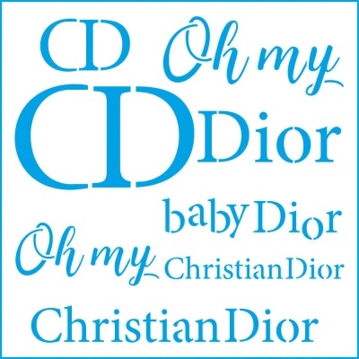 Textos azuis variados com palavras relacionadas a Dior sobre fundo branco