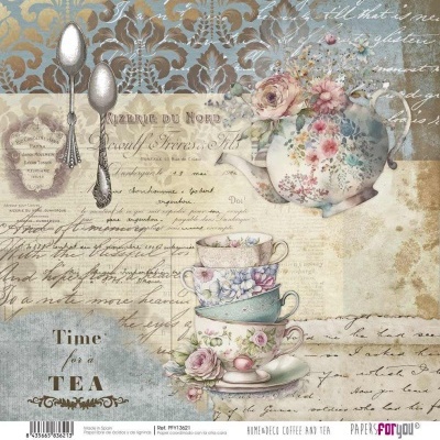 Ilustração vintage de xícaras, bule, talheres e texto 'Time for a TEA'