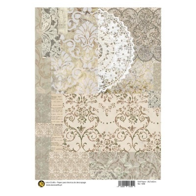 Papel decorativo para decoupage com padrões florais e rendilhados em tons neutros