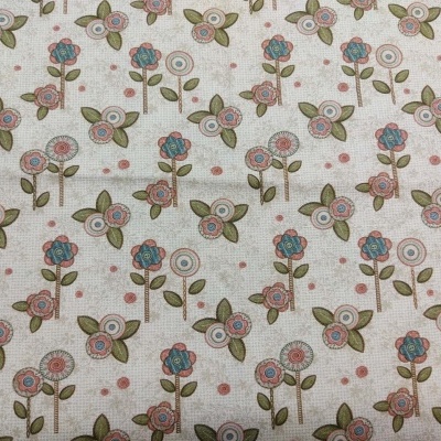 Tecido de algodão com flores pequenas em azul, rosa e verde sobre fundo claro